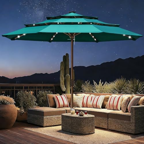 EliteShade USA 10-Year-Non-Fading 10ft 3-Tier Market Patio Umbrella, Commercial Table Umbrella with 80 Solar LED Lights, Crank Open, Windproof & UPF 50+ UV Protection for Garden, Deck, Pool, Backyard, No Tilt, Teal - Image 3
