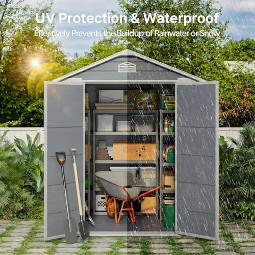 Gizoon 6x4 FT Outdoor Storage Shed with Floor, Resin Garden Tool Shed with Lockable Doors, Window, Vents, Reinforced Steel Frame, Waterproof Plastic Storage Sheds for Backyard, Patio, Lawn - Image 5