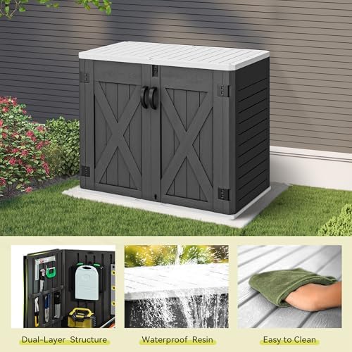 YITAHOME Outdoor Resin Storage Sheds with X-Shaped Lockable Door, 39 in Height Lockable Waterproof Horizontal Shed w/o Shelf, Easy to Assemble Shed Storage for Garden Tools, Dark Gray - Image 4
