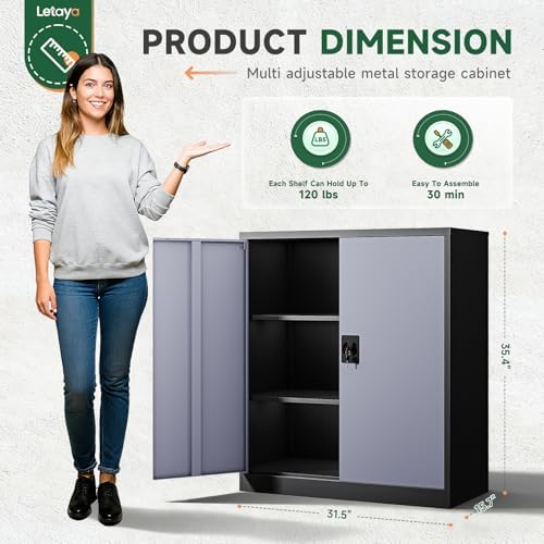 Letaya Metal Storage Cabinets with Lock Door,2 Adjustable Shelves Organizer Steel Storage Cabinets for Home,Office,Warehouse,Garage,Employee Lockers(Black Gray) - Image 3