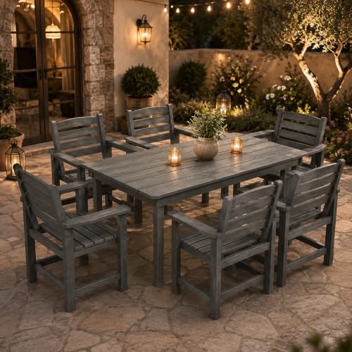 7-Piece Two-Tone Gray Patio Dining Table Sets, All-Weather HDPE Outdoor Furniture Set with Umbrella Hole, Light Gray Rectangular Table and 6 Dark Gray Chairs for Backyard Deck Garden - Image 2