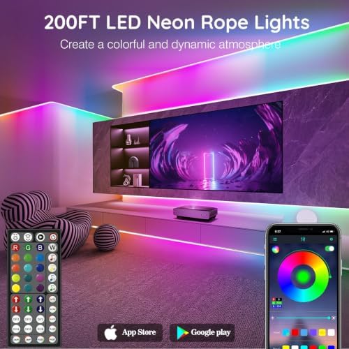 SINLEY Led Neon Rope Light 200FT,Control with App/Remote,Flexible Led Rope Lights,Multiple Modes,IP68 Outdoor RGB Neon Lights Waterproof,Music Sync Gaming Led Strip Lights for Bedroom Indoor - Image 2