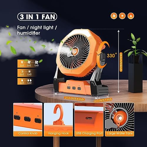 Ausic Solar Misting Fan,【Max 35H】 Portable Outdoor Fans with Solar Panel, 8 Inch Battery Operated Rechargeable Cooling Fans with Hook, Led Light, Mister Fan for Camping/Patios/Chicken Coop - Image 6