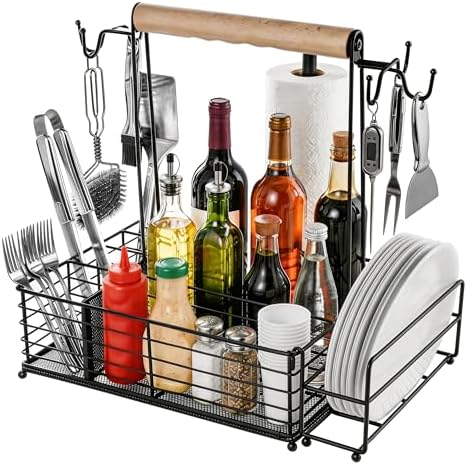 Grill Caddy with Paper Towel Holder, BBQ Caddy for Outdoor Grill, Camping Essentials Picnic Condiment Utensil Organizer, RV Camper Must-Have, Grilling Gifts for Men by Lanryn