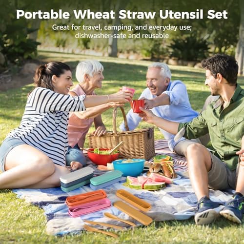 28 Sets Reusable Travel Utensils, Wheat Straw Cutlery Set 7 Assorted Colors, Portable Fork Spoon Cutter with Case, Lunch Box Tableware Set, Utensil Set for School Picnic Travel Outdoor Activities - Image 2