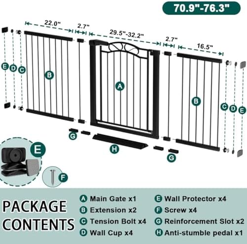 Fairy Baby 70.9"-76.3" Extra Wide Baby Gate for Stairs Doorways, Pressure Mount Pet Gate Auto Close Safety Child Gate, Long Large Dog Gate Indoor for House, 71 72 73 74 75 76 Inches Wide, Black - Image 2