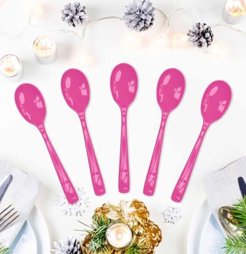 SietDESEO 25 PCS Hot Pink Plastic Spoons Disposable Utensils Heavy Duty Hot Pink Spoons Disposable Cutlery for Birthday Wedding Baby Shower Bridal Shower Plastic Silverware - Image 2
