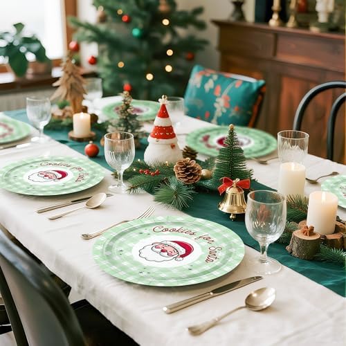 WRAPAHOLIC 25Pcs Christmas Paper Plates - 9 Inch Green Plaids Santa Disposable Plates Decorative Dinner Plates for Christmas Party Tableware Supplies Table Decor - Image 4