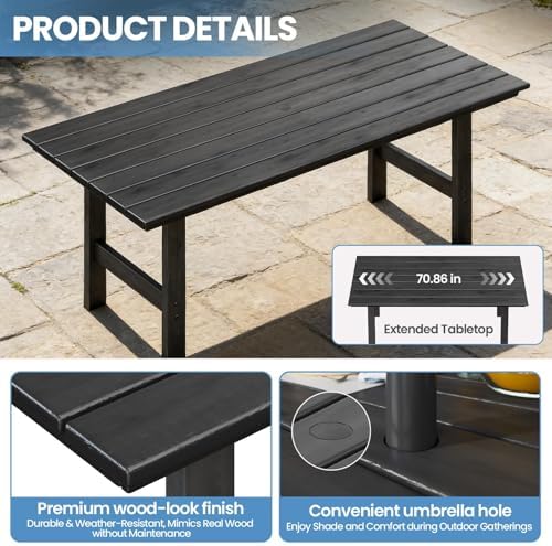 HDPE Outdoor Dining Table and Chairs, 7-Piece Patio Table and Chairs Set, Outdoor Dining Set for 6, All-Weather Dining Furniture Set with Umbrella Hole, Black - Image 6