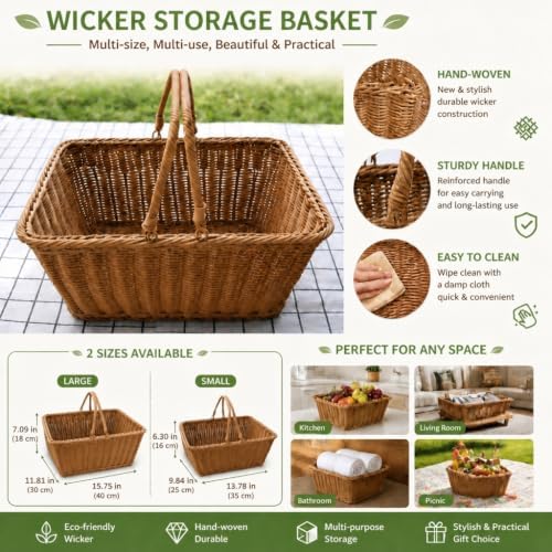 2‑Pack Large Poly Wicker Baskets, Handwoven PVC Picnic Storage with Handles - Image 2