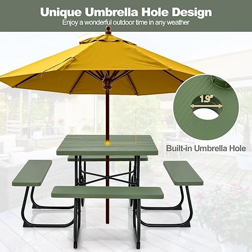 Tangkula 8 Person Square Picnic Table with 4 Built-in Benches, Green - Image 6