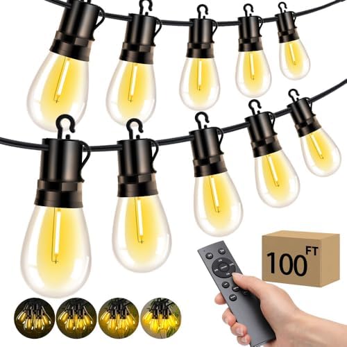 Outdoor Patio String Lights: S14 Shatterproof Bulb Outside Waterproof Light - 100FT 30M Remote Dimmable Connectable Hanging Outdoor Electric Lighting - Garden Backyard Yard Gazebo Porch Party by Vozuji