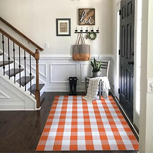 SEEKSEE Halloween Decor Buffalo Plaid Rug 4' x 6' Orange and White Large Front Door Mat, Layering Area Rug, Halloween Rug for Outdoor Patio Entryway Indoor Living Room Kitchen Dining Room Decor - Image 2