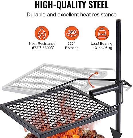 VEVOR Swivel Campfire Grill, Fire Pit Grill Grate over Fire Pits, Heavy Duty Steel Grill Grates, 360° Adjustable Open Fire Outdoor Cooking Equipment, Portable Camp Fire Racks for Camping Outdoor BBQ - Image 6