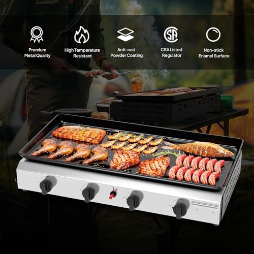 Bonnlo 4 Burner Portable Propane Griddle, 40,000BTU Gas Grill with Enameled Tray, Rolling Flat Top Gas Grill with Electronic Ignition & Regulator for Outdoor Camping Cooking BBQ - Image 2