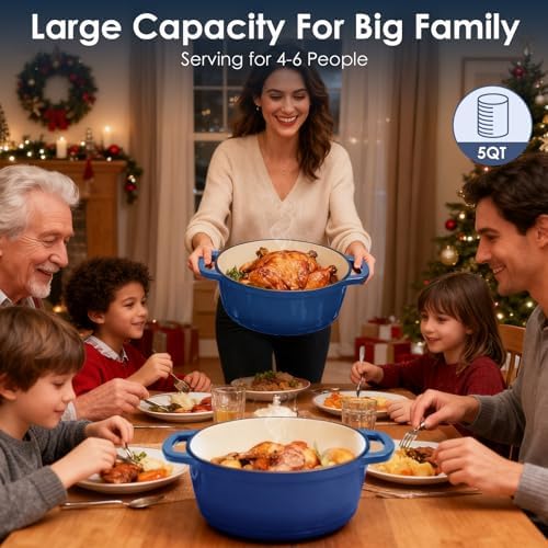 Cast Iron Dutch Oven Pot With Lid - AIVIKI 5QT Enameled Dutch Oven for Bread Baking With Cotton Potholders - Heavy- Duty Cookware Across All Cooktops, Wedding Registry Ideas & Gifts, Blue - Image 6