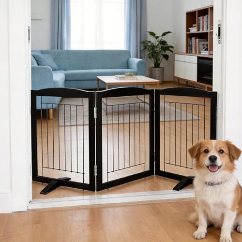 ZJSF Freestanding Dog Fence Indoor, Foldable Dog Gate for Doorways, Stairs or Hallways, Sturdy Wood Extra Wide Pet Gate with Support Feet for The House, Black, 24 "Height-3 Panels by ZJSF