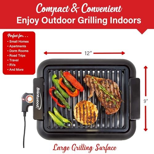 Brentwood 1200W Electric Smokeless Indoor Grill with Ceramic Non-Stick Surface, Adjustable Temperature, and Dishwasher Safe Parts, 12.6” x 10”, Black - Image 6