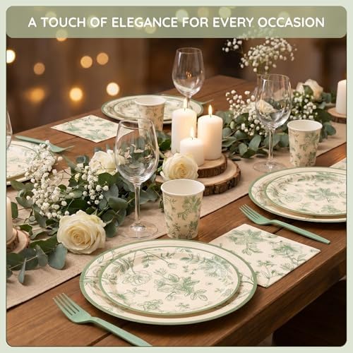 100 Pcs Disposable Sage Green Floral Tableware Set for 25 Guests - Image 2