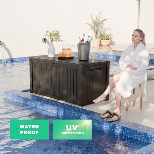 ROJIK Outdoor Storage Housing Deck Box - Waterproof Patio Furniture, Garden Tools, Cushions, Pool Accessories Storage Bench with Lockable Lid and Side Handles (Black, 200 Gal) - Image 5