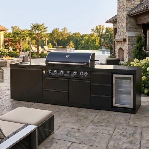 114 Inch Outdoor Kitchen Island, 6 Burner Propane Gas BBQ Grill 83500 BTU, 304 Stainless Steel Black Grill Station with Sink, Refrigerator, Rotisserie, For Patio, Lawn, Backyard, Black by Dvasovio