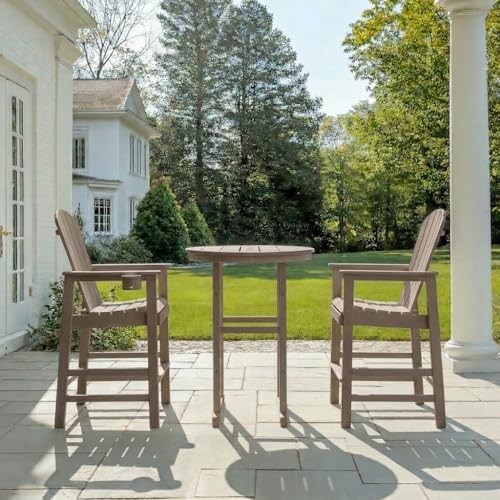 3-Piece HDPE Bar Height Table and Chairs Set, 31.1" Square High Top Pub Table with Umbrella Hole, 2 Adirondack Charis with Cup Holders, Outdoor Patio Dining Set for Bistro Backyard Deck Natural by SCANORDIC