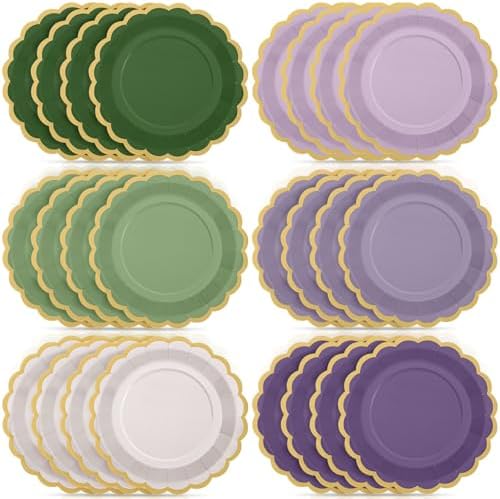 96 Pcs Sage Green Purple Paper Plates 9 Inch Scalloped by Tiangrid