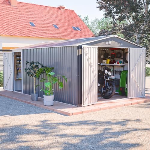 YOPTO 10x14 FT Outdoor Storage Shed,Metal Shed W/Lockable Doors & Floor Frame,Garden Tool House W/Sloped Roof & 4 Air Vents,for Backyard Patio Lawn,Light Gray by YOPTO