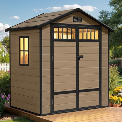 DWVO Outdoor Storage Shed, All-Weather Resin Plastic Storage Shed with Windows, Slanted Roof, Raised Floor, Capacity for Garden Tools/Equipment, Ideal for Backyard Garden by DWVO