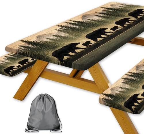 Picnic Table Cover with Bench Covers and Bag, Forest Mountain Bear Wooden Waterproof Windproof, Fitted Tablecloth Cover with Elastic Edge, for Indoor & Outdoor, Garden, Camping, 3 PCS 30x72 Inch by Xguatan