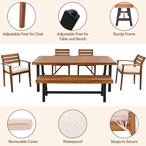 6-Pcs Outdoor Patio Dining Table & Chair & Bench Set for 6, Wooden Outdoor Dining Table Set with Removable Cushion, 6-Pcs, Wood - Image 5