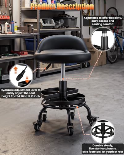 Rolling Shop Stool with Wheels, Garage Mechanic Stool Chair - Image 4