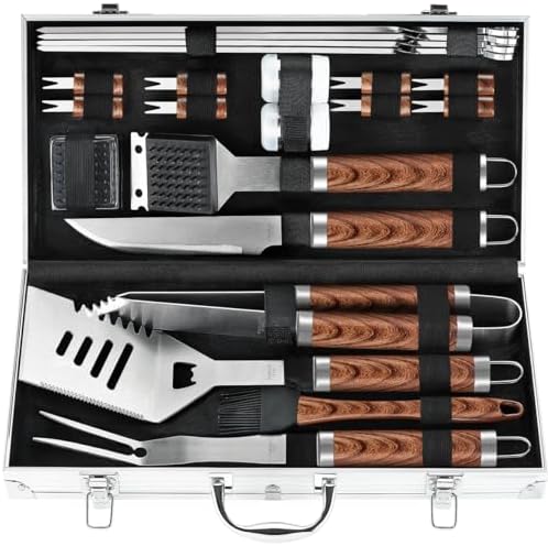 POLIGO 22PCS Heavy Duty BBQ Grill Accessories Set, Non-Slip Grill Tools for Outdoor Grill Set Stainless Steel Grill Utensils Set, Deluxe Grilling Tools Set in Aluminum Case Ideal Gifts for Men Brown by POLIGO