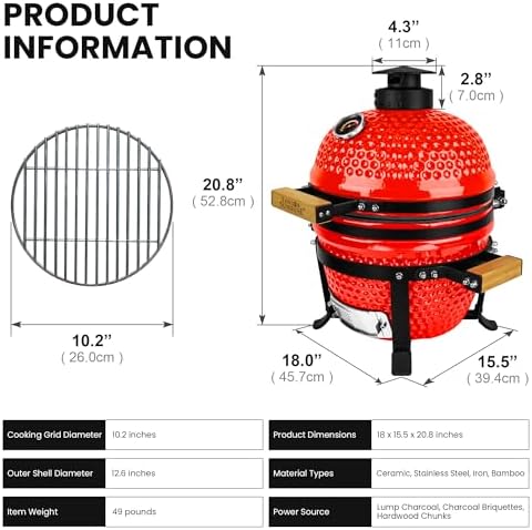 London Sunhine 13-Inch Ceramic Kamado Grill, Waterproof Vent Cap, Red - Image 3