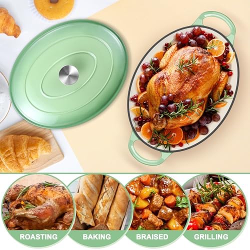 E-far 5QT Oval Dutch Oven Pot with Lid, Green Enameled Cast Iron Dutch Oven - Image 5