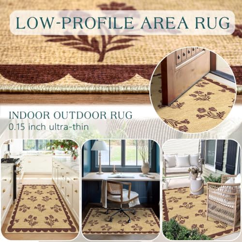 3x5 Floral Entry Rug - Small Washable Indoor Outdoor Mats for Front Door Non-Slip Jute-Look Porch Rug Boho Burgundy Scalloped Throw Rugs for Living Room Bedroom Entryway Kitchen Porch Decor - Image 4