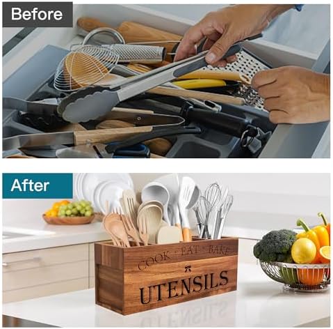Suli Extra Large Utensil Holder Countertop for Kitchen Counter,Acacia Wood - Image 3