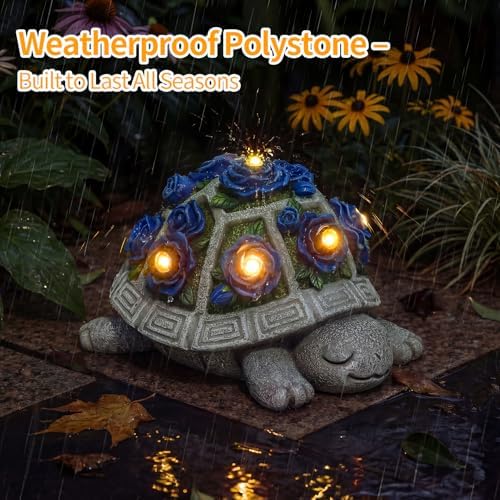 Solar Garden Outdoor Decor Turtle Statue, Dark Blue Roses & 7 LED Lights - Image 4