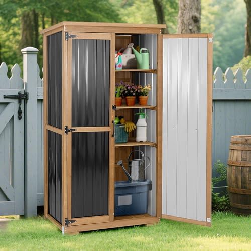 Outdoor Storage Cabinet, Wood & Metal Storage Shed with Weather-Resistant Roof, Removable Shelves, Lockable Doors, Outside Storage Tool Organizer for Garden, Patio, Backyard, Garage, Pool - Image 3