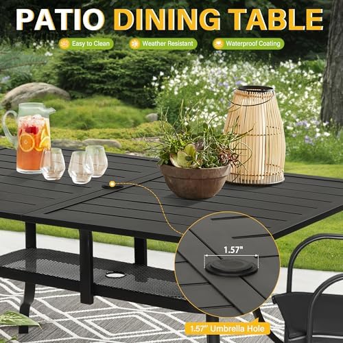 Incbruce Patio Dining Table, 60" x 36" Rectangle Metal Steel Slat Table, with 1.57" Umbrella Hole, for Backyards, Porches, Gardens or Poolside - Image 5