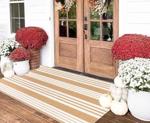 Fall Washable 3'x 5'Outdoor Rug,Khaki and White Washable Front Porch Rug - Image 3