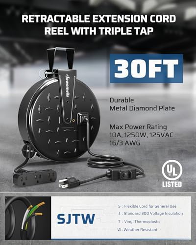 DEWENWILS Retractable Extension Cord Reel, Metal Reel with 30FT Power Cord - Image 3