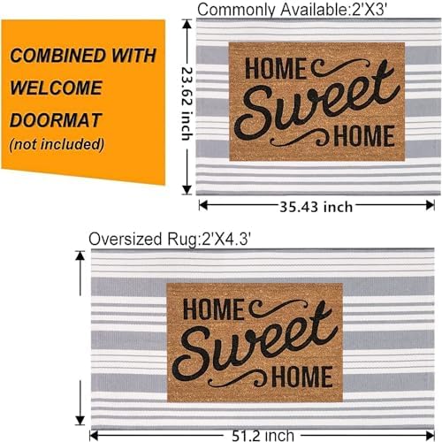Grey and White Outdoor Doormat 24"x35"Cotton Washable Striped Outdoor Rug - Image 3