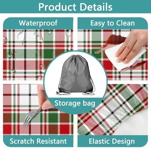 Red Green White Plaid Picnic Table Cover with Bench Covers and Bag, Camping Essentials, Water Resistant Windproof, Fitted Tablecloth Cover with Elastic Edge, for Indoor & Outdoor 3 PCS, 30x96 Inch - Image 5