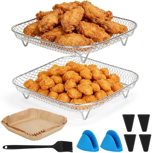 Air Fryer Rack Square,8.2 inch Stainless Steel Air Fryer Grill Basket with 25pcs Liners Stackable,6-8 QT Air Fryers Accessories for Cosori, Instant Vortex 6QT XL, Ninja Pro XL 6.5 QT by OFFKITSLY