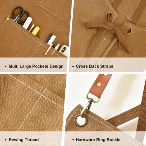 OUNLEN Chef Apron for Men Women Canvas Aprons with 3 Pockets Cross Back Resistant Work Apron for Cooking - Image 3