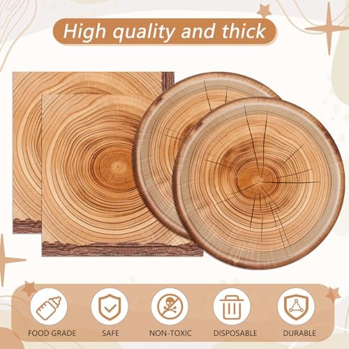 41 Pcs Camping Birthday Party Decorations Rustic Wood Grain Slice Tableware Brown Camo Wood Paper Plates Napkins Tablecloth丨Forest Themed Bonfire Hunting Birthday Lumberjack Party Decor,Serves 20 - Image 4