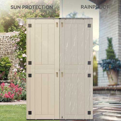 YITAHOME 60 cuft Vertical Outdoor Storage Shed with Shelf, Large Waterproof Storage Cabinet for Garden Shed, Tall Outdoor Storage Shed for Garage, Pool Storage, Resin, Lockable, Khaki & Brown - Image 4
