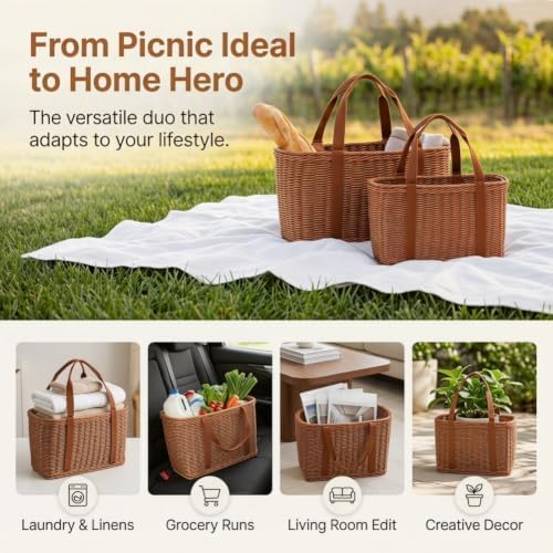Shopping Wicker Basket with Handles, Handwoven Picnic Basket, Portable Storage Decor for Kitchen, Home, Outdoor and Farmers Market (S) - Image 6