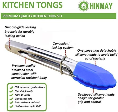 HINMAY Small Tongs with Silicone Tips 7-Inch Serving Tongs, Set of 3 (Blue) - Image 2